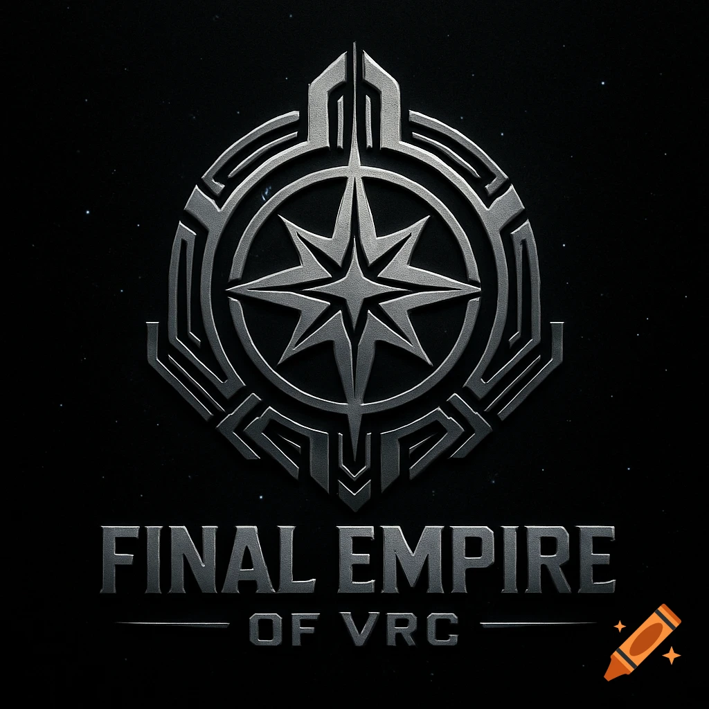 A metallic grey sci-fi logo with a star in a circular emblem above the text 'FINAL EMPIRE OF VRC' on a dark, starry background.