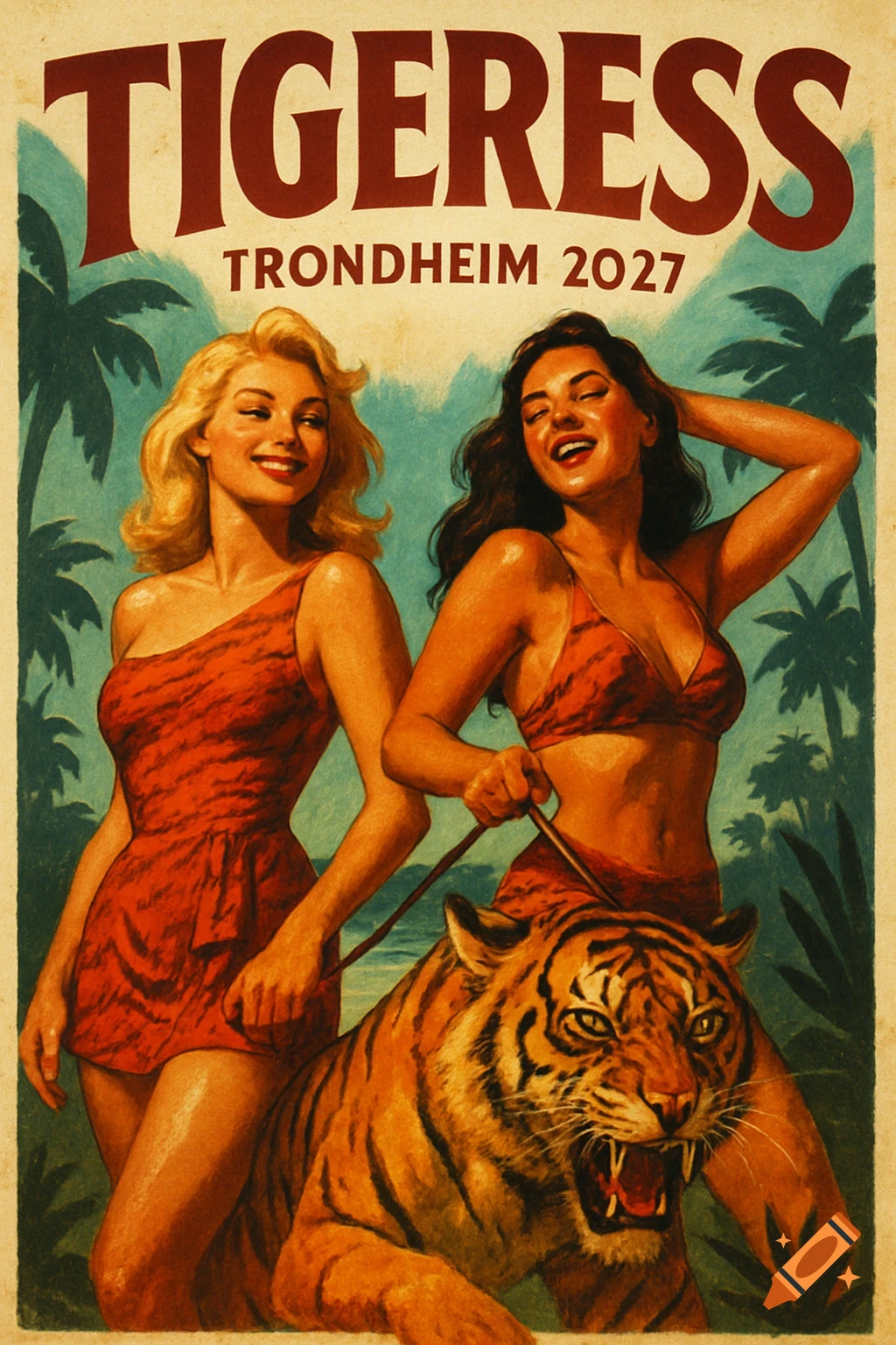 Retro poster of two women in red jungle outfits with an aggressive tiger on a leash. Text 'TIGERESS TRONDHEIM 2027'.