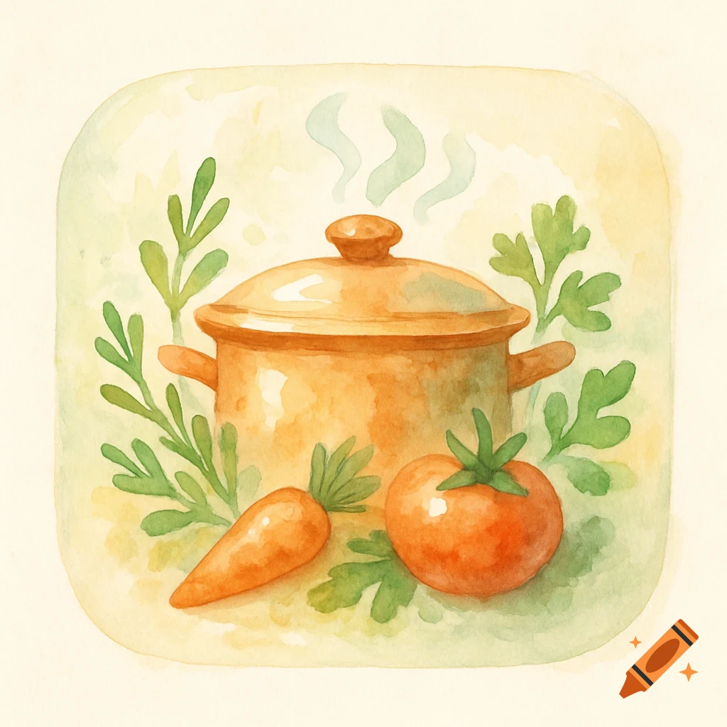 A watercolor illustration of a steaming cooking pot surrounded by fresh vegetables, including a carrot and a tomato, against a light background.