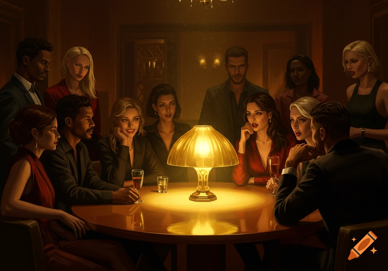 A digitally painted scene of well-dressed men and women conversing around a dimly lit round table, illuminated by a central lamp.