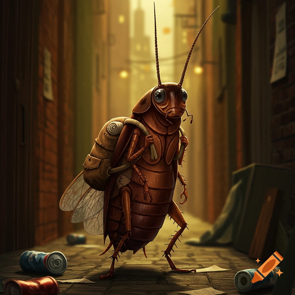 A cartoon anthropomorphic cockroach with a backpack walks through a trash-strewn urban alley.