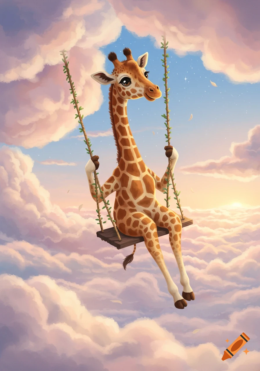 Cute cartoon giraffe on a wooden swing amidst soft, pastel clouds with a warm sunrise glow.