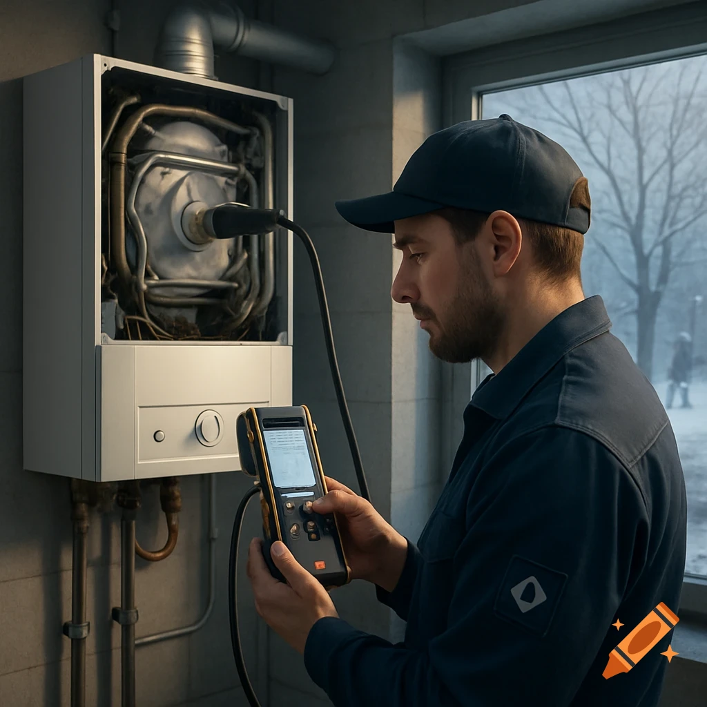 Technician in uniform inspects a wall-mounted boiler with a combustion analyzer. A snowy scene is visible through the window.