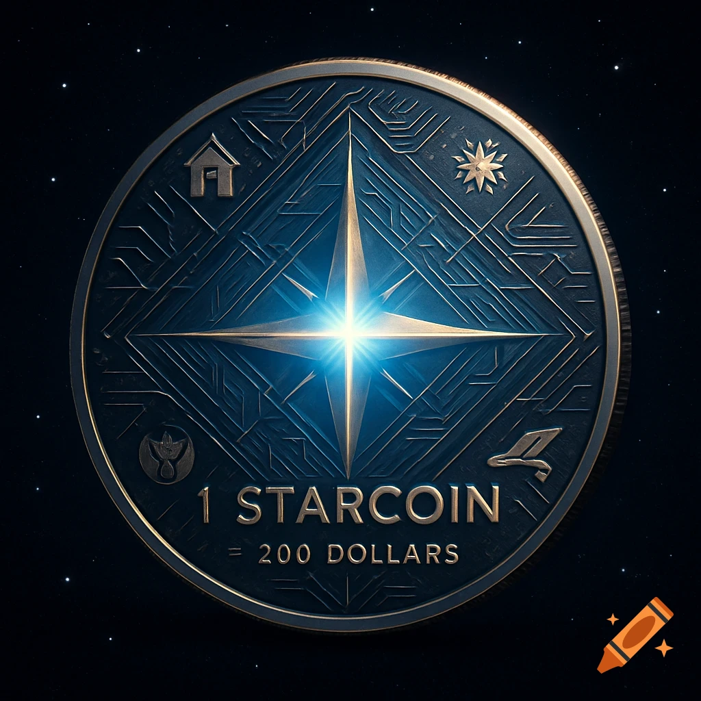 A dark blue and gold futuristic coin with a glowing star, '1 STARCOIN = 200 DOLLARS' inscribed, on a starry background.
