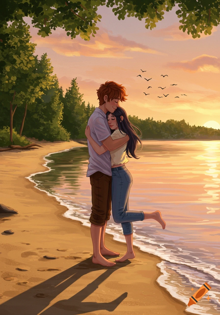 Illustrated couple hugging on a beach at sunset with birds flying over water and trees.