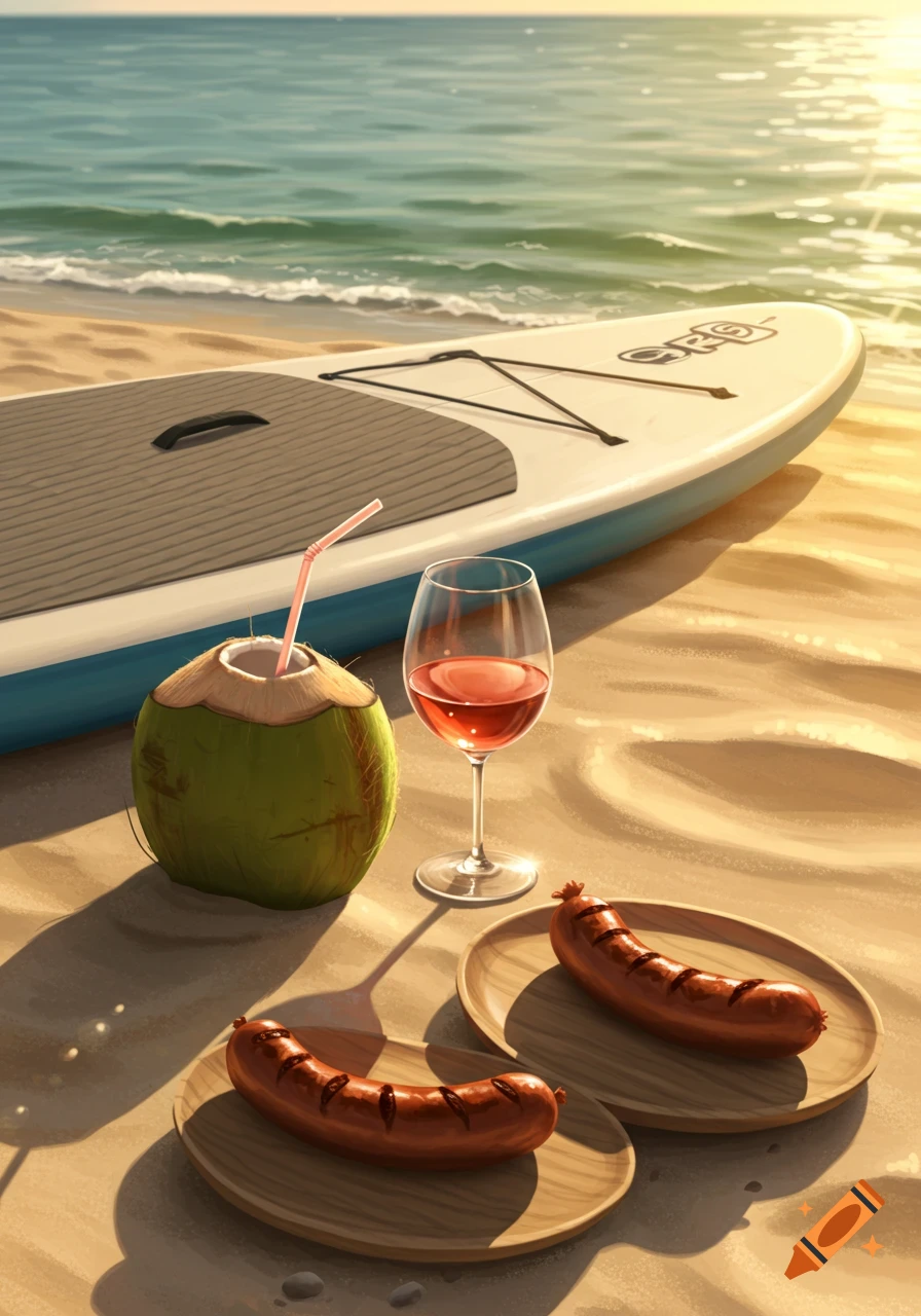 A paddleboard rests on a sunny beach next to a coconut drink, a glass of ros é wine, and two grilled sausages on wooden plates, with the ocean in the background.