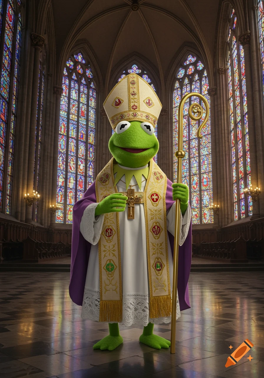 Kermit the Frog in bishop's robes holding a crozier and crucifix in a grand cathedral with stained glass windows. Photorealistic.
