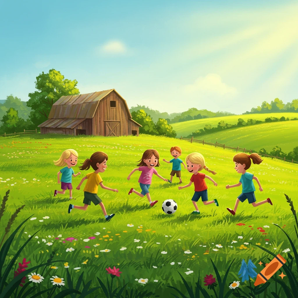 Illustrated scene of children playing soccer in a grassy field with wildflowers and a barn in the background.