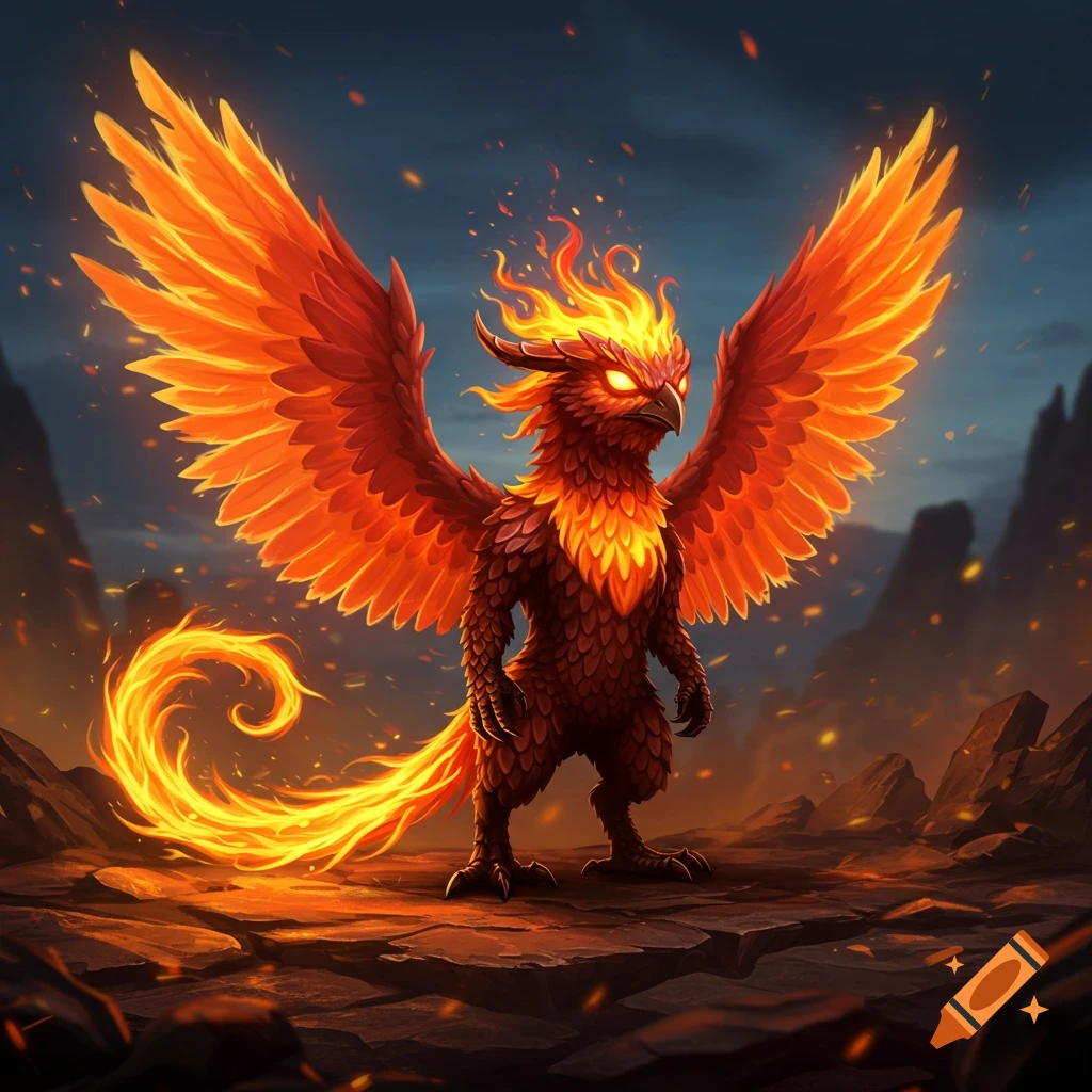 A vibrant, illustrated phoenix-like creature with spread fiery wings and a flame tail stands in a volcanic landscape.