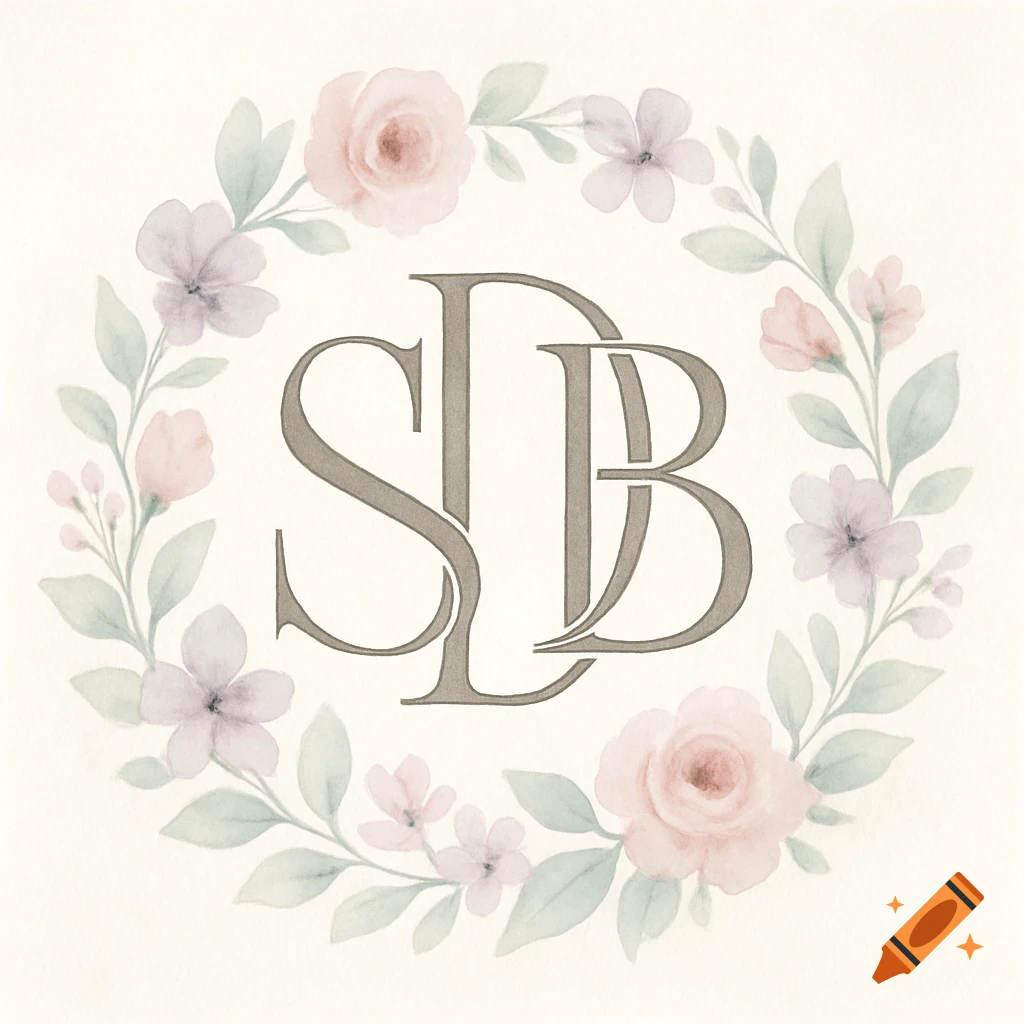 A watercolor monogram of the letters SDB surrounded by a wreath of pink, lilac, and mint green flowers and leaves.