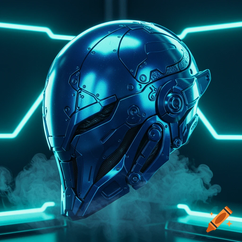 A metallic blue futuristic helmet with intricate details, set against a neon blue background with wisps of smoke.