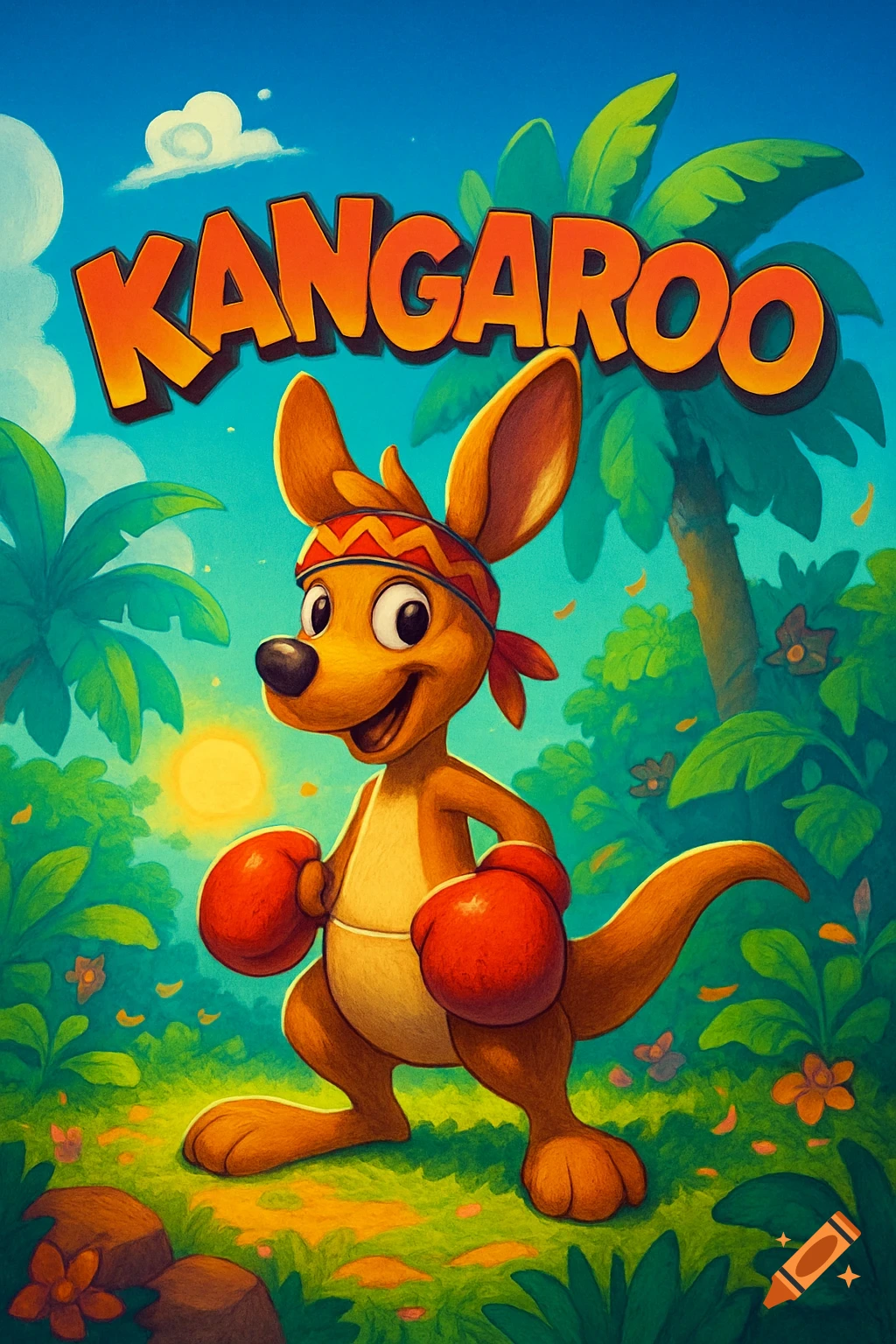 A cartoon kangaroo wearing boxing gloves and a red headband smiles in a lush jungle, with the title KANGAROO above.
