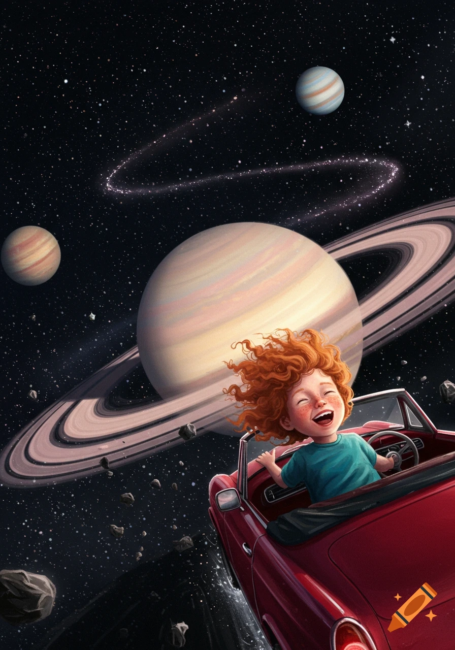 A happy red-haired child in a red convertible drives through space with Saturn and other planets in the background, illustrated.