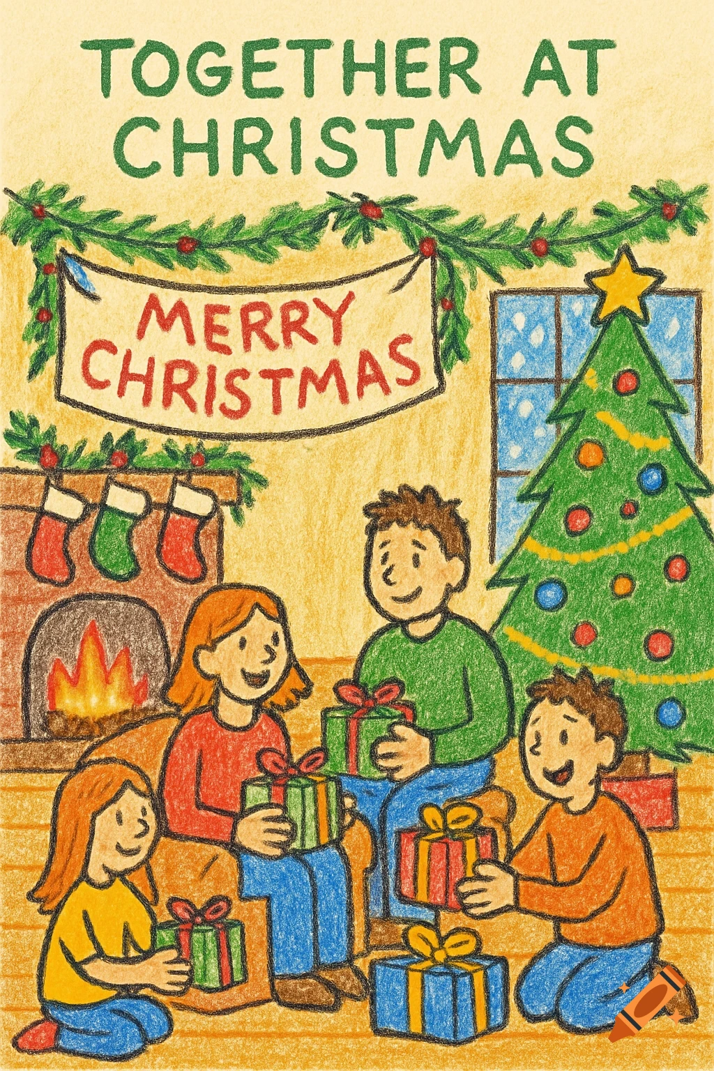 A childlike crayon drawing of a family opening Christmas presents by a fireplace and decorated tree. Text reads "TOGETHER AT CHRISTMAS" and "MERRY CHRISTMAS".