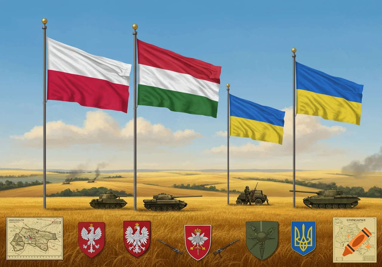 Flags of Poland, Hungary, and Ukraine stand in a field with military tanks, an armored vehicle, and national emblems.