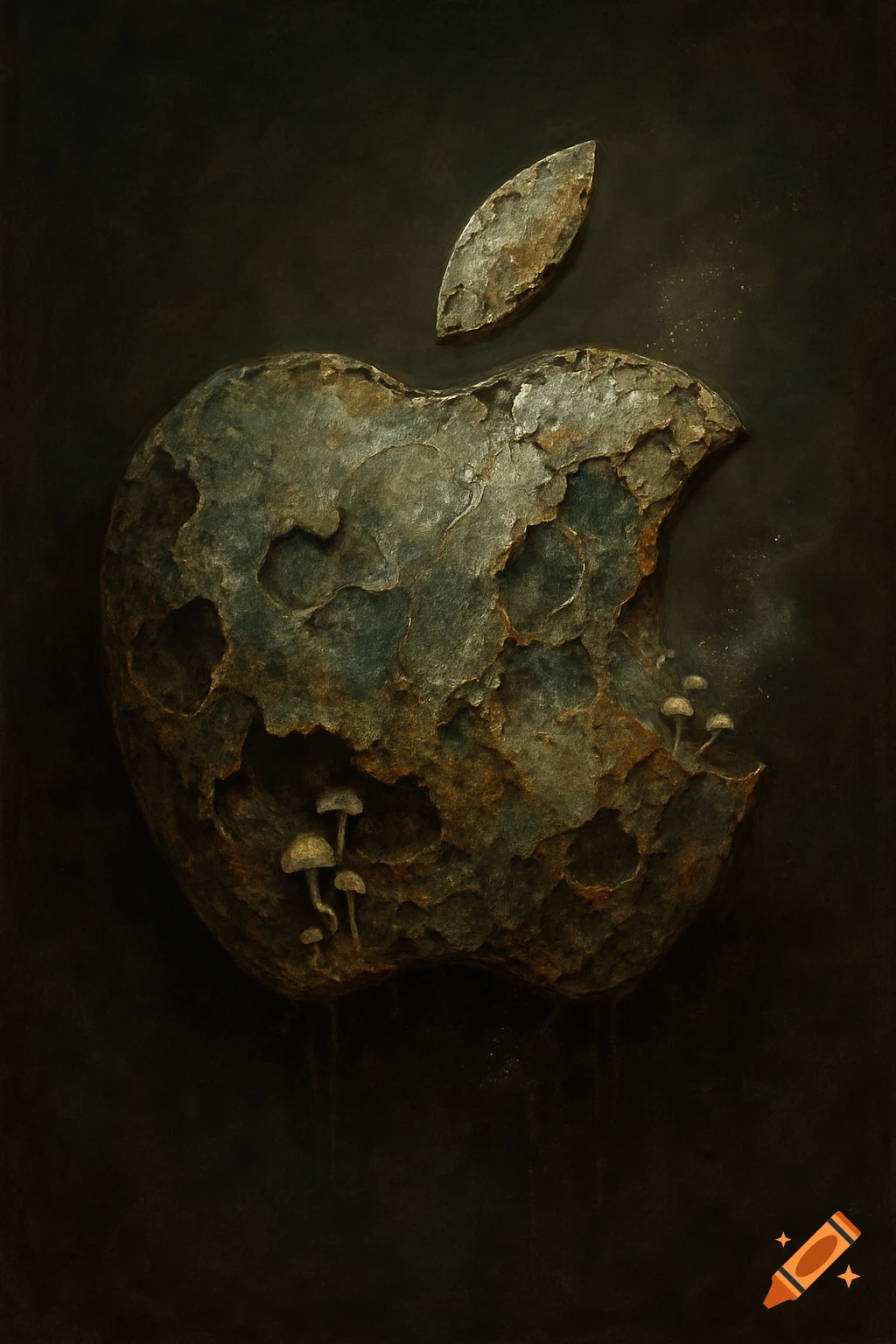 A decaying, textured Apple logo with small mushrooms growing on it, set against a dark, moody background.
