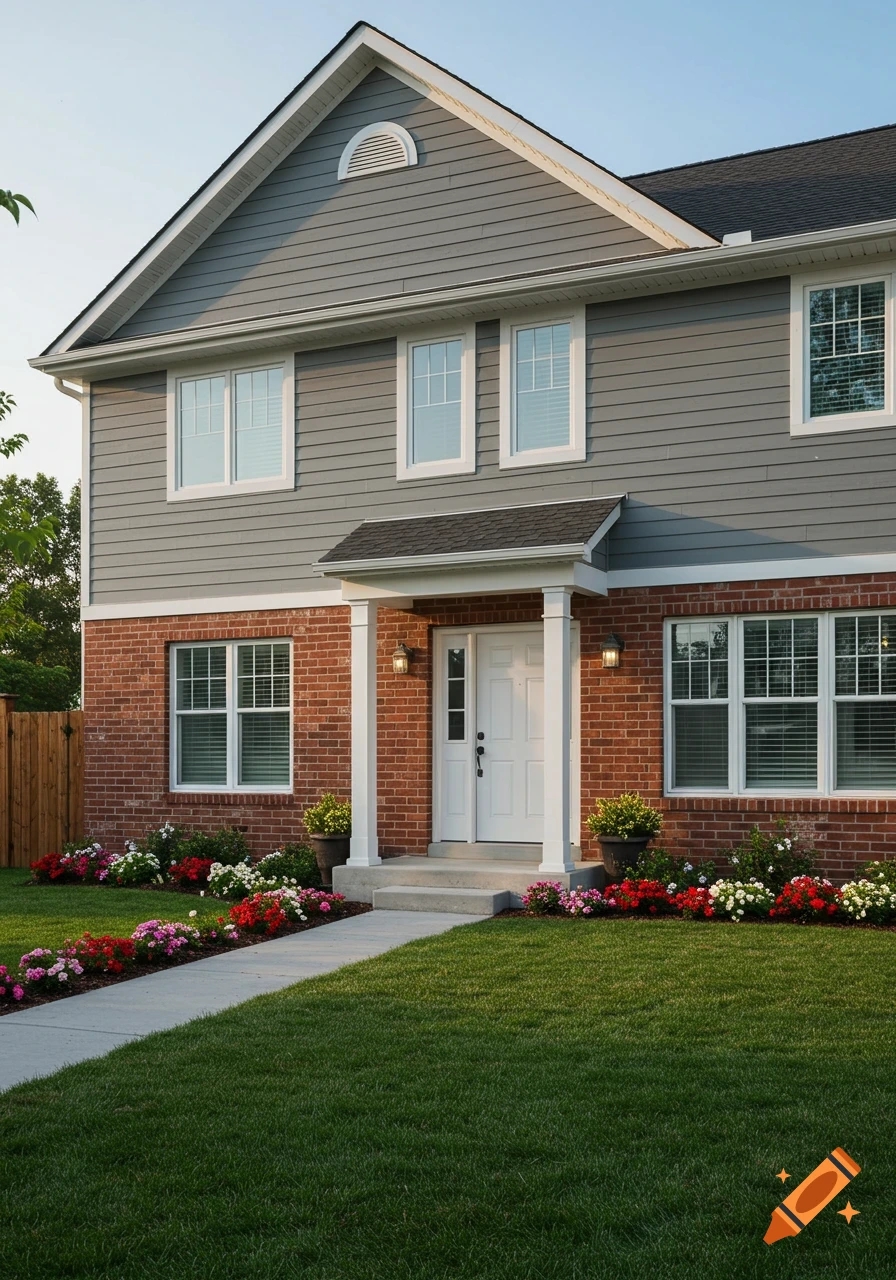 A two-story house with grey siding and red brick, white trim and windows, a front porch, green lawn, and flower beds.
