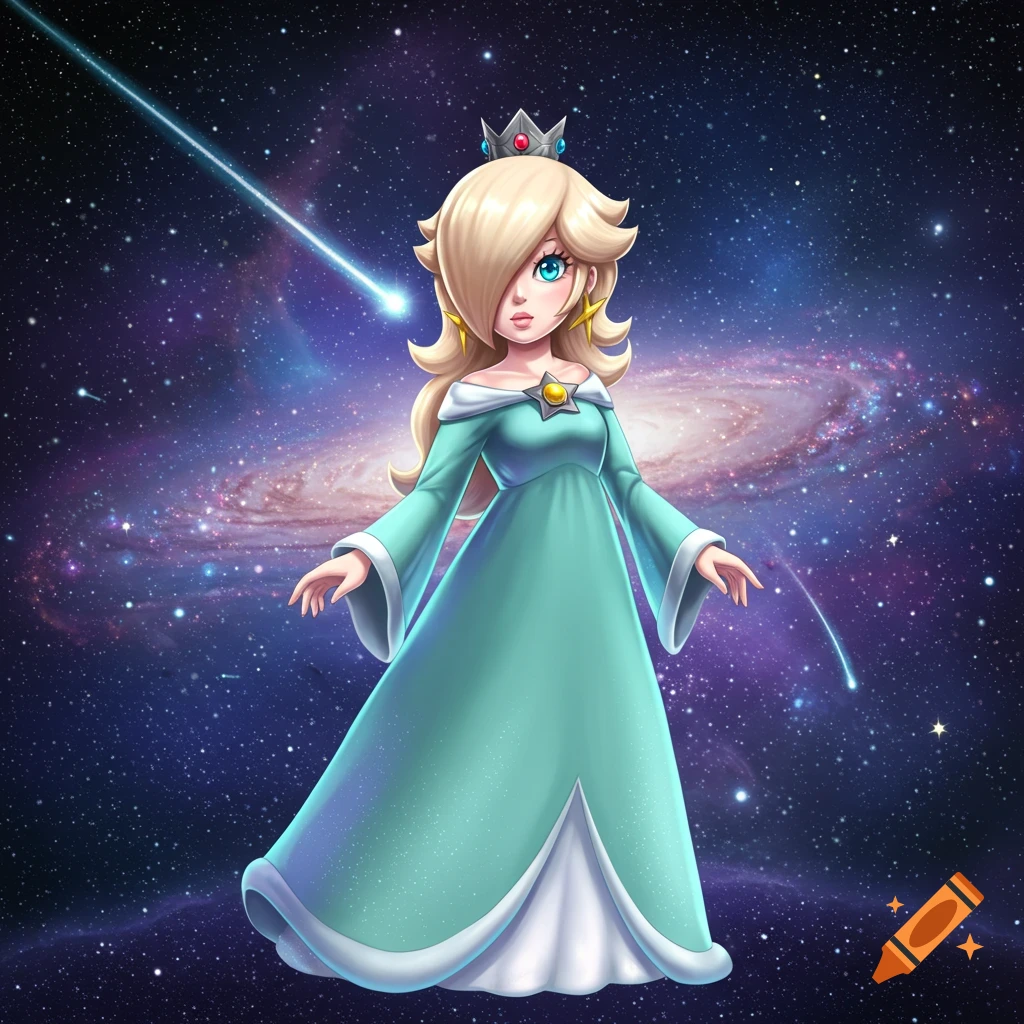 Rosalina from the Mario series stands in a light blue gown against a vibrant galaxy background with shooting stars.