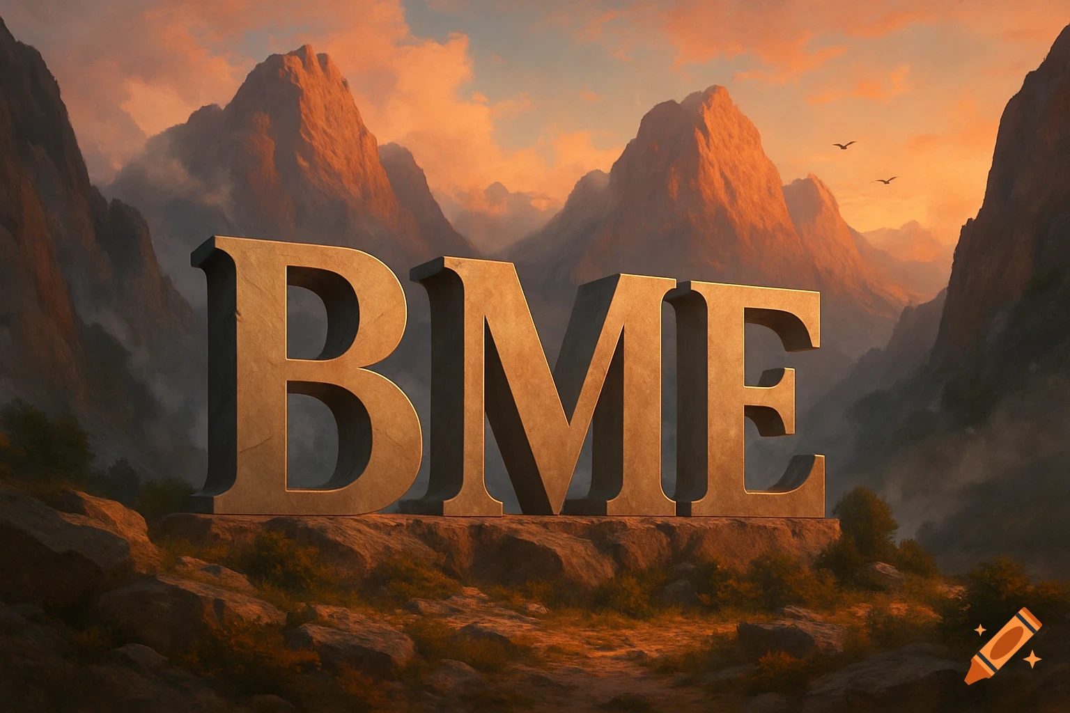 Large stone letters 'BME' stand on a rocky outcrop in a dramatic mountain valley at sunset.