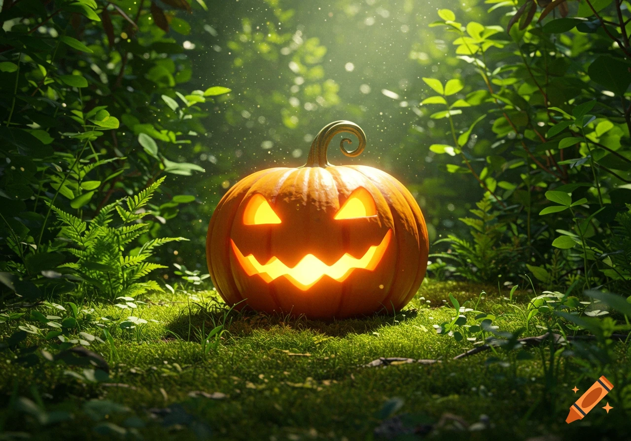A brightly glowing, smiling jack-o'-lantern sits on mossy ground in a sun-dappled green forest.