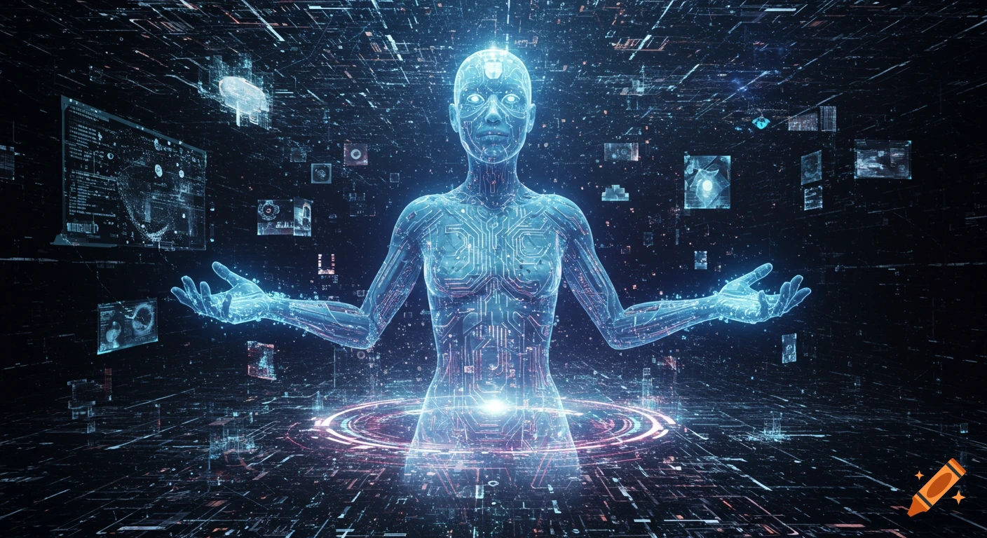 A glowing, translucent humanoid figure made of circuits stands with outstretched arms in a vibrant digital landscape.