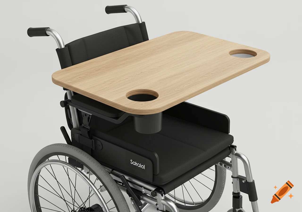Photorealistic image of a wooden table tray with cup holders attached to a black wheelchair.