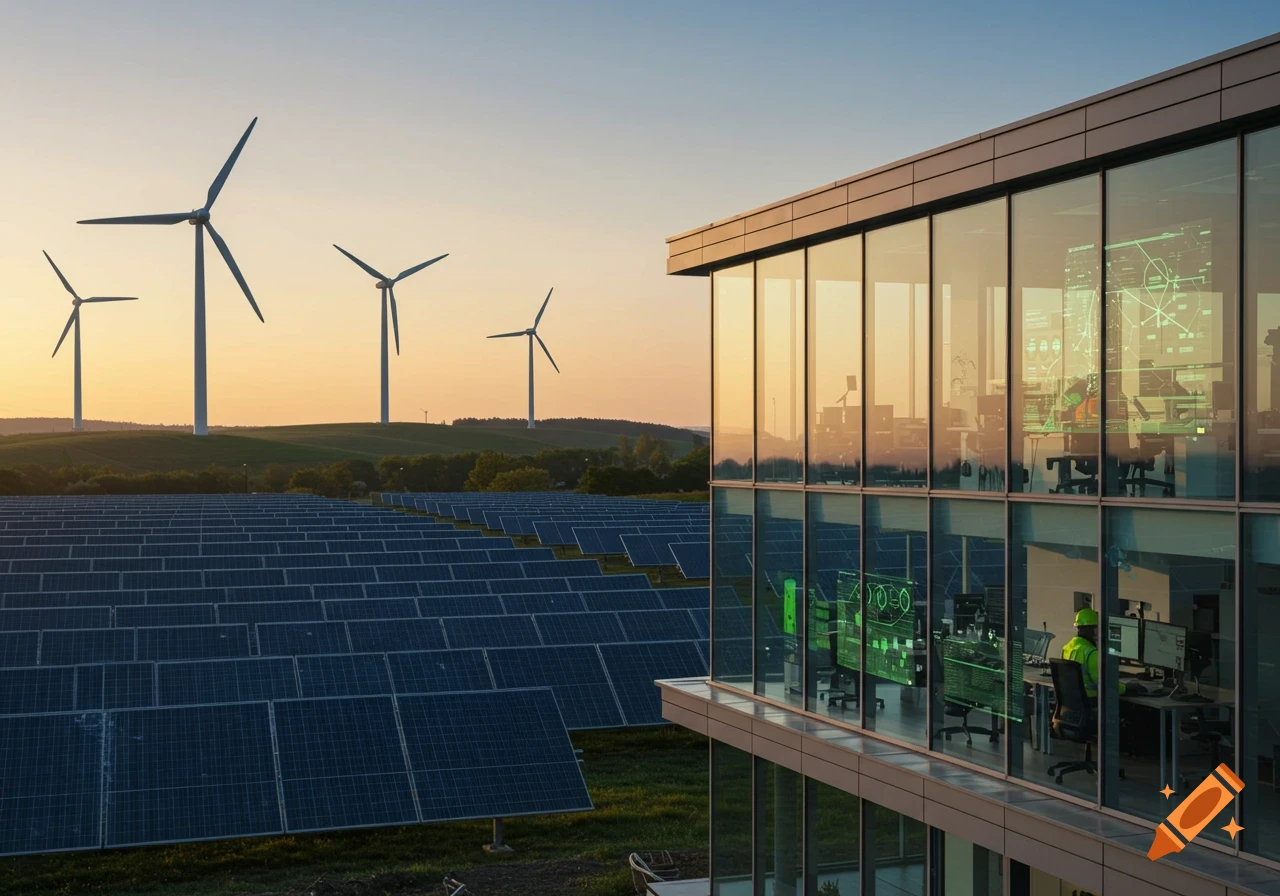 A modern building overlooks a field of solar panels and wind turbines at sunset, with a person monitoring screens inside.