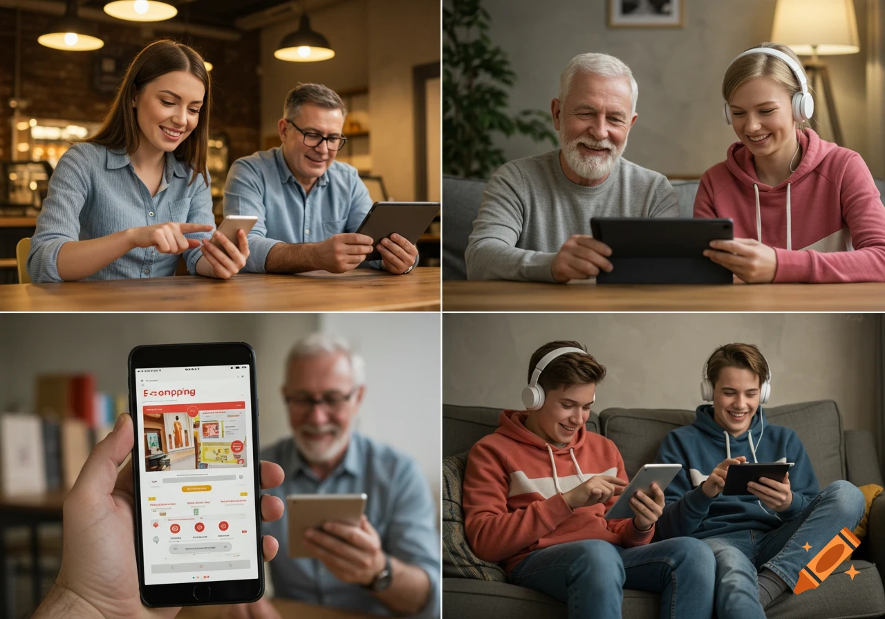 Four panels show diverse people, including a couple, an elder man with a teen girl, and two teen boys, using smartphones and tablets for online shopping in a cafe and at home. Photorealistic style.