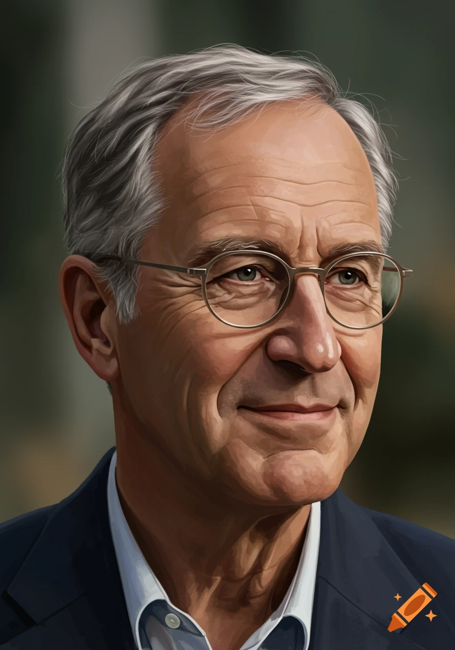 Detailed portrait of a smiling older man with grey hair, light eyes, and thin-framed glasses, wearing a dark suit and white shirt.