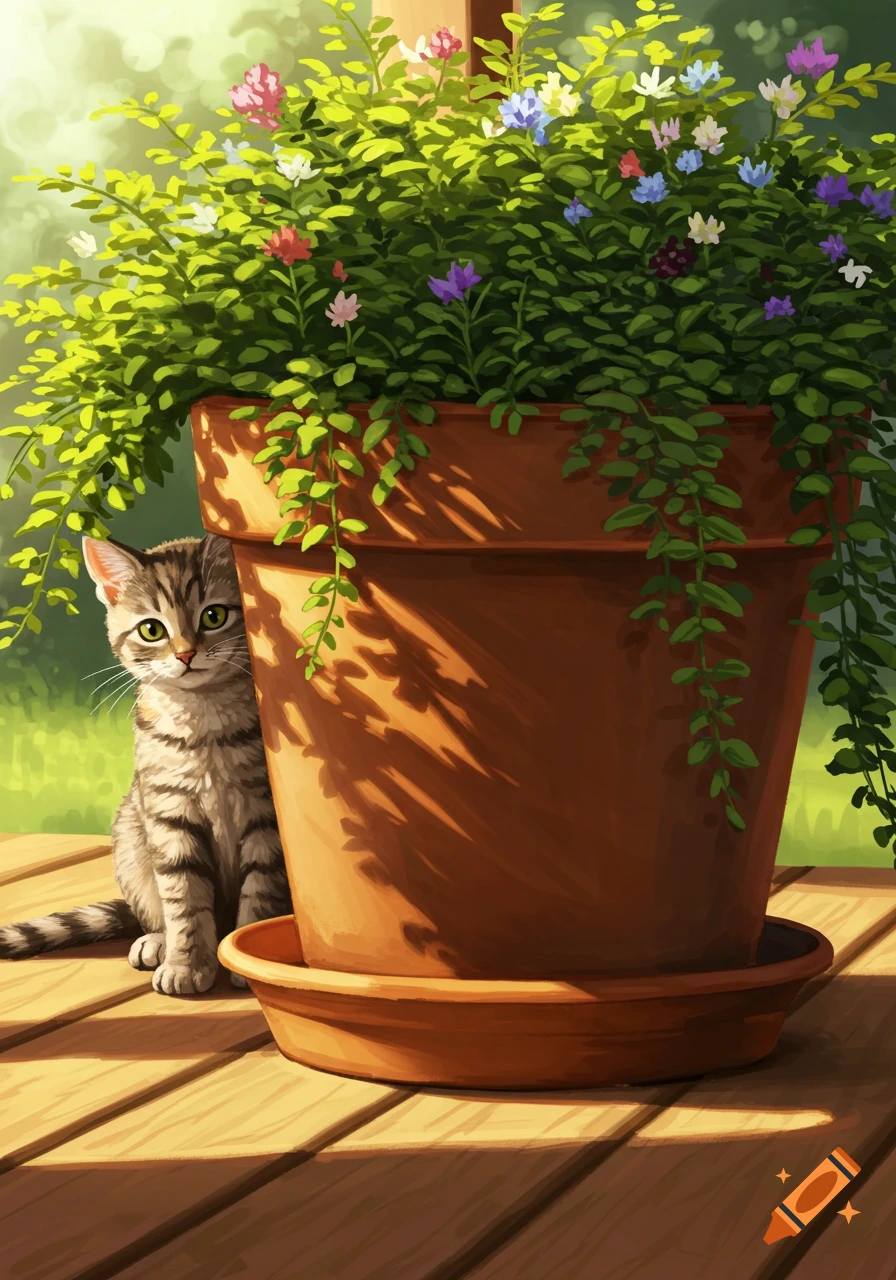 A tabby cat sits beside a large terracotta pot filled with lush green plants and colorful flowers, on a sunny wooden deck.