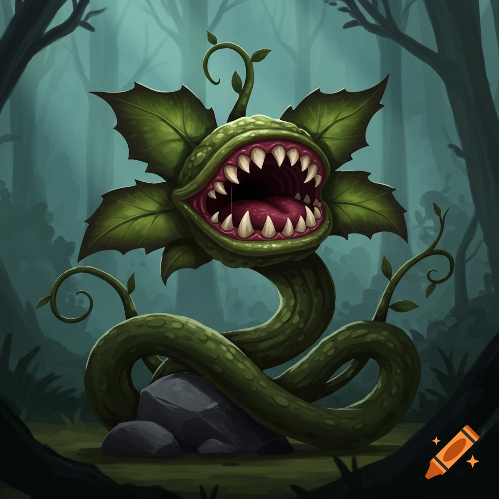 A cartoonish monstrous green plant with a wide-open mouth full of sharp teeth and a red tongue, in a dark forest setting.