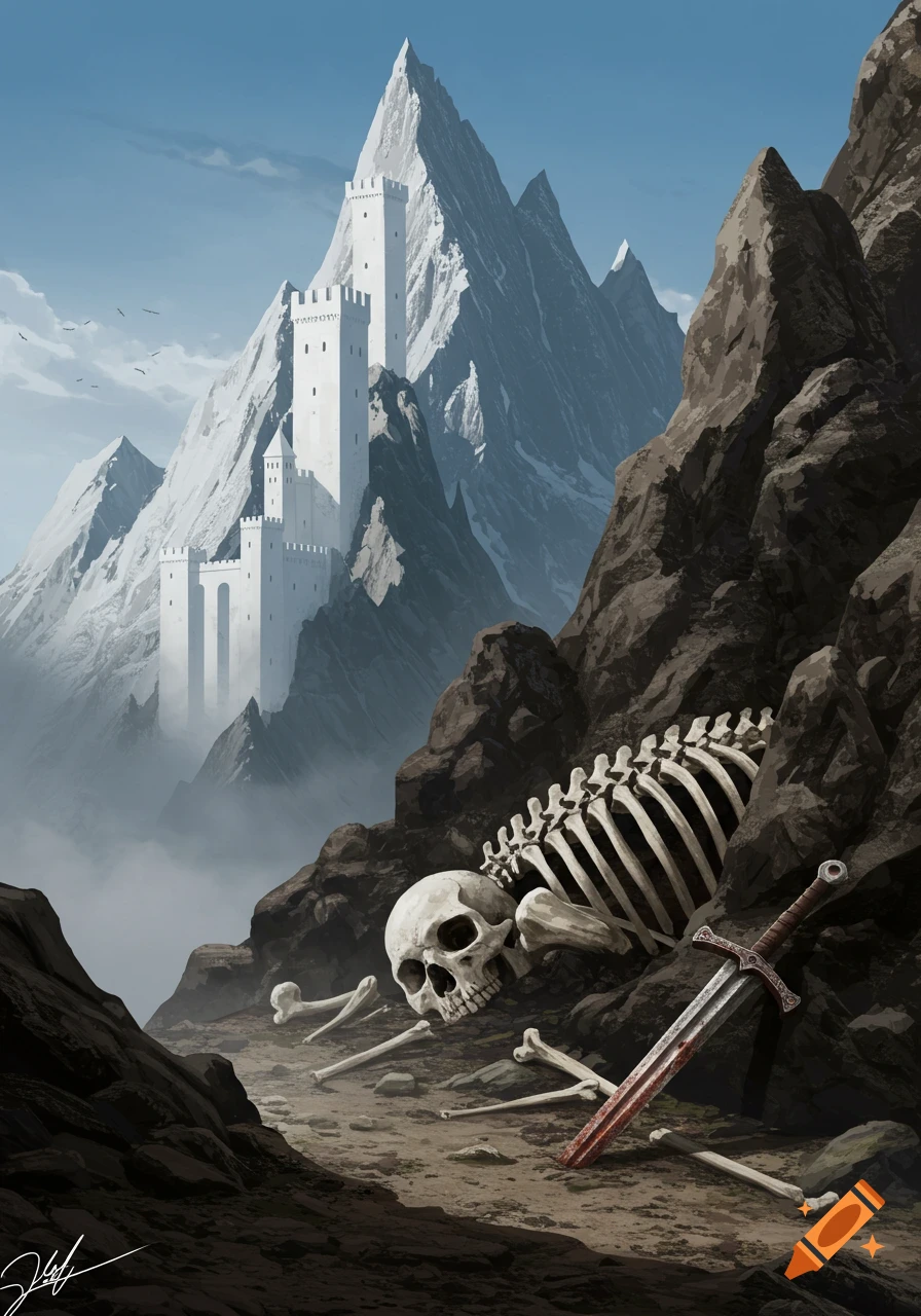 A majestic white castle stands atop snowy, craggy mountains, while in the rocky foreground, a skeleton and a bloody sword lie on the ground.