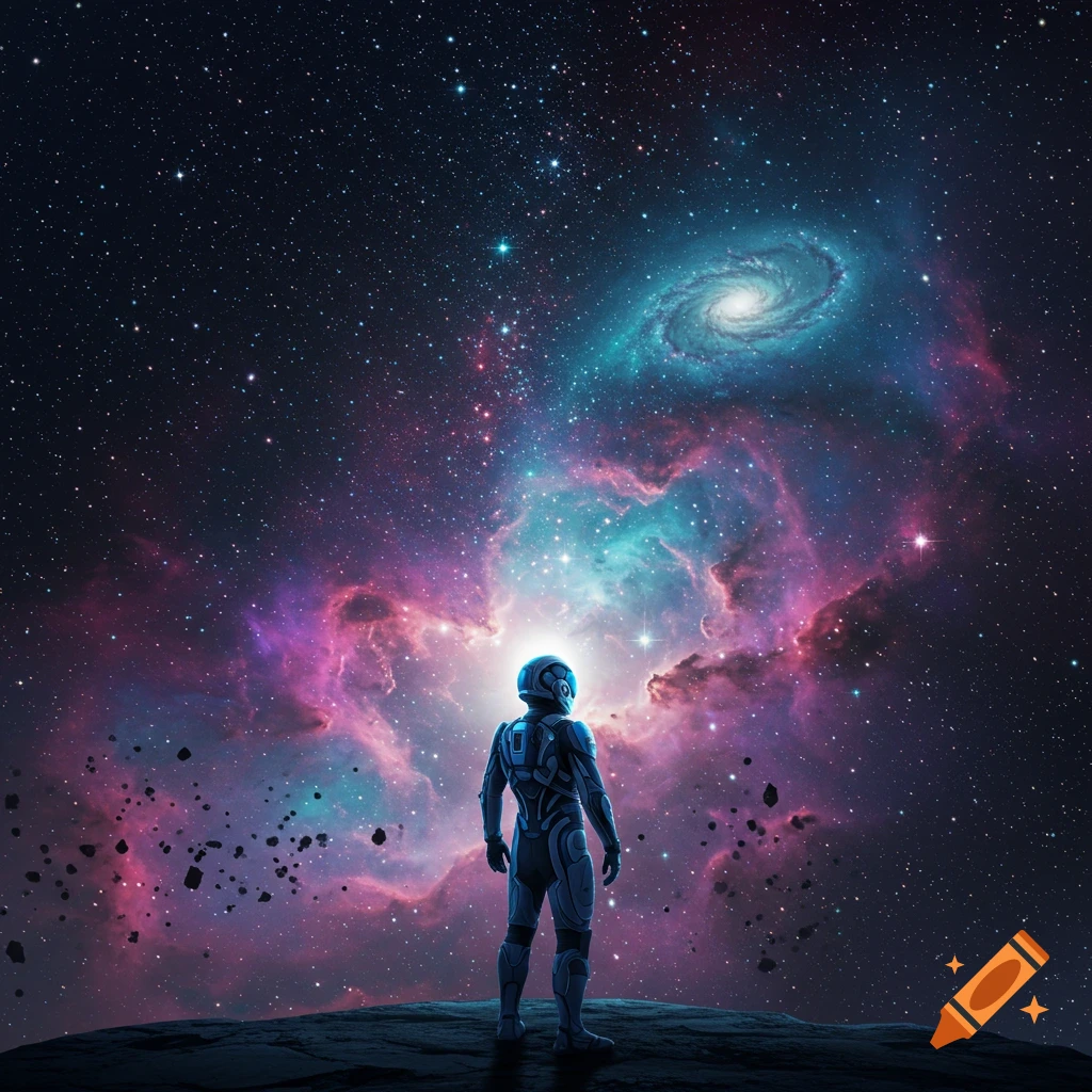 An astronaut stands on a dark, rocky surface, gazing up at a colorful nebula, swirling galaxy, and countless stars in space.