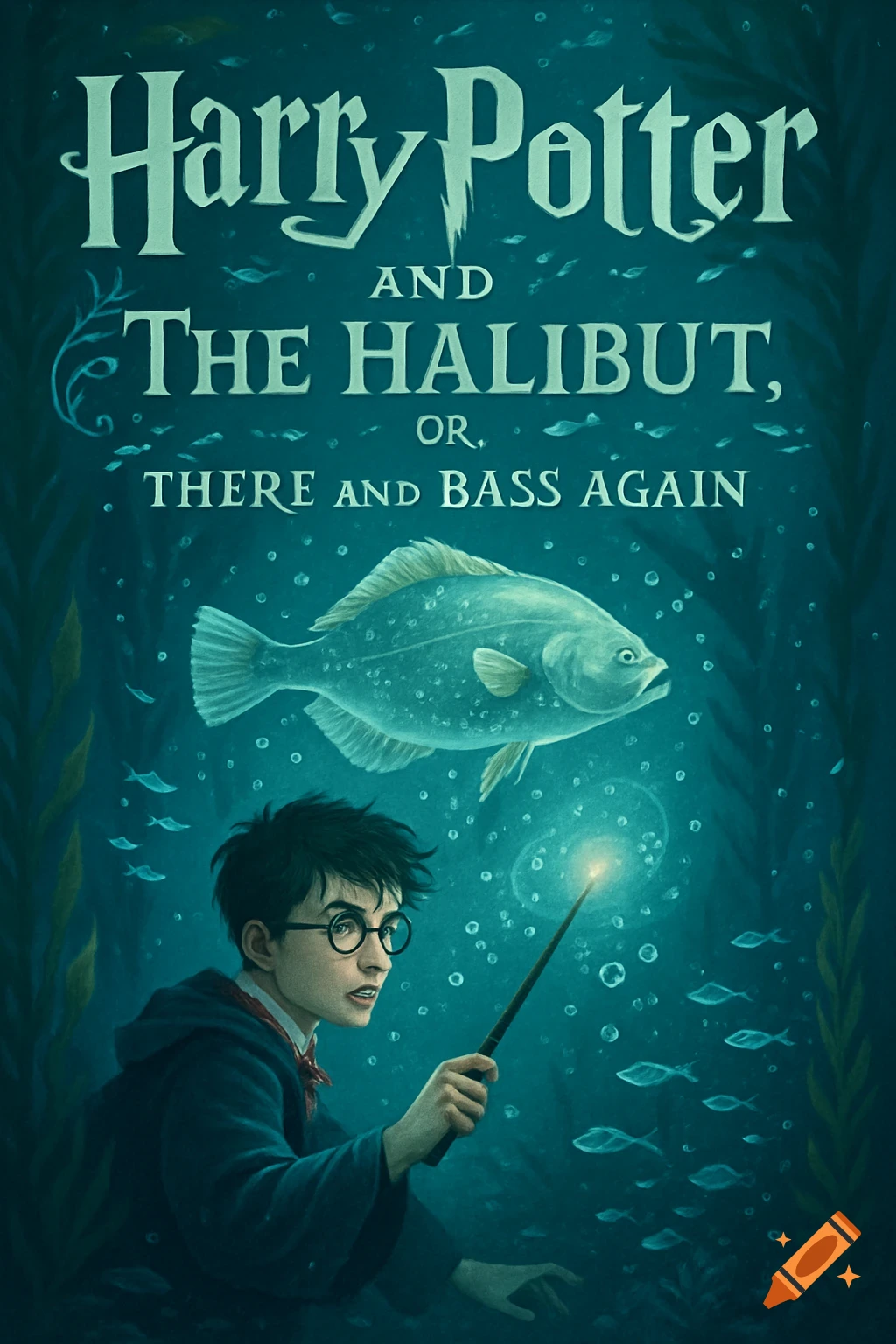 Illustrated book cover titled 'Harry Potter and The Halibut' showing Harry Potter holding a glowing wand underwater with a large fish.
