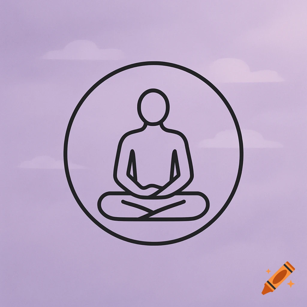 Minimalist black outline logo of a person meditating in a circle, on a lavender background with soft clouds.