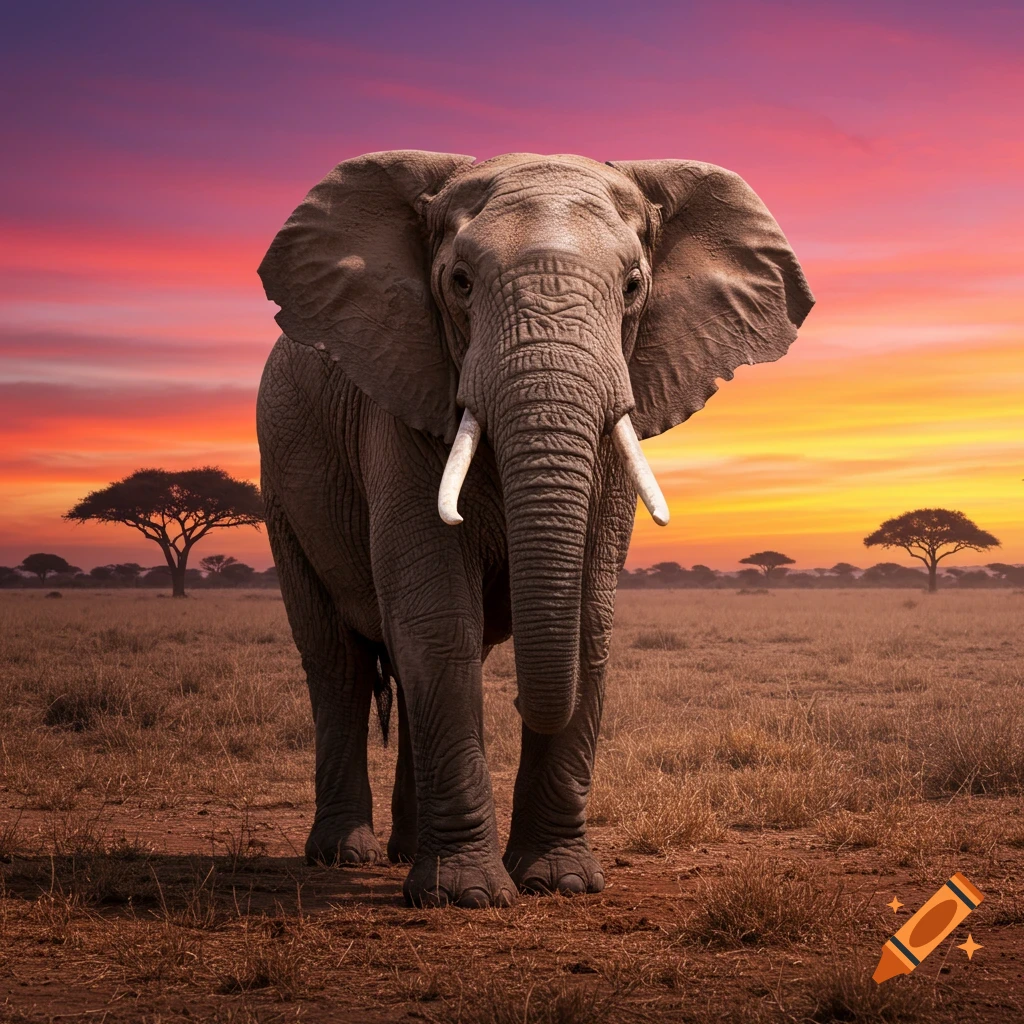 A majestic elephant stands facing forward in a dry savanna landscape at sunset, with acacia trees in the distance.
