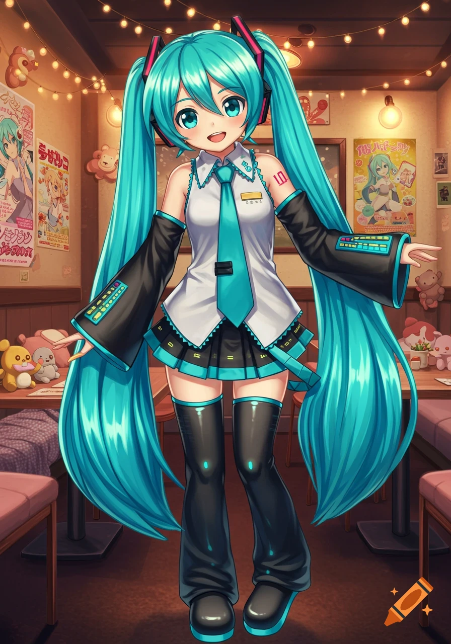 A full-body anime illustration of Hatsune Miku in her classic outfit, standing in a cozy cafe with fairy lights and posters.