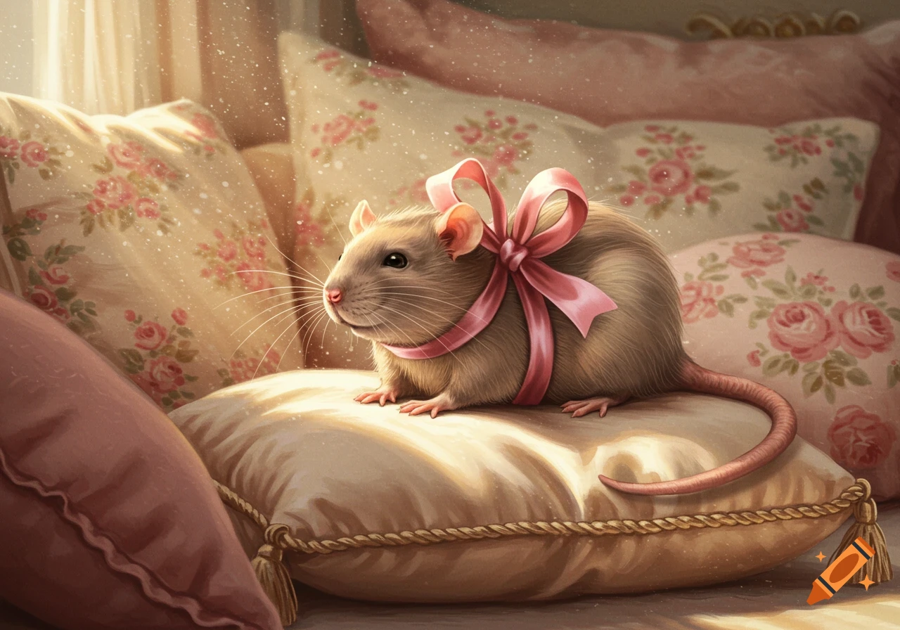 A cute brown rat with a pink ribbon sits on a tasseled pillow surrounded by floral pillows, in a soft, whimsical style.