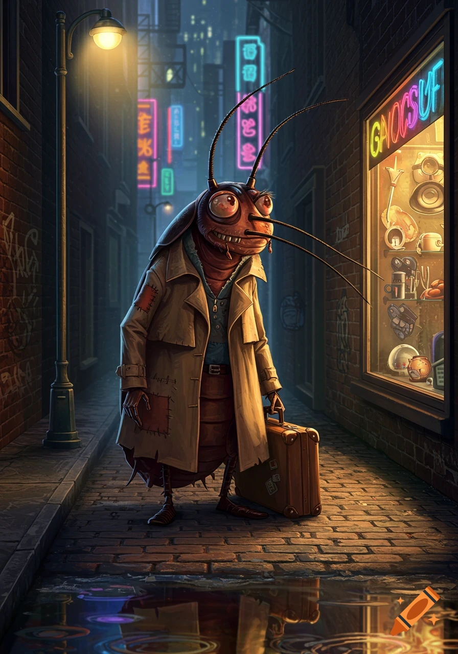 A cartoon anthropomorphic cockroach in a trench coat holds a suitcase in a neon-lit city alley at night.