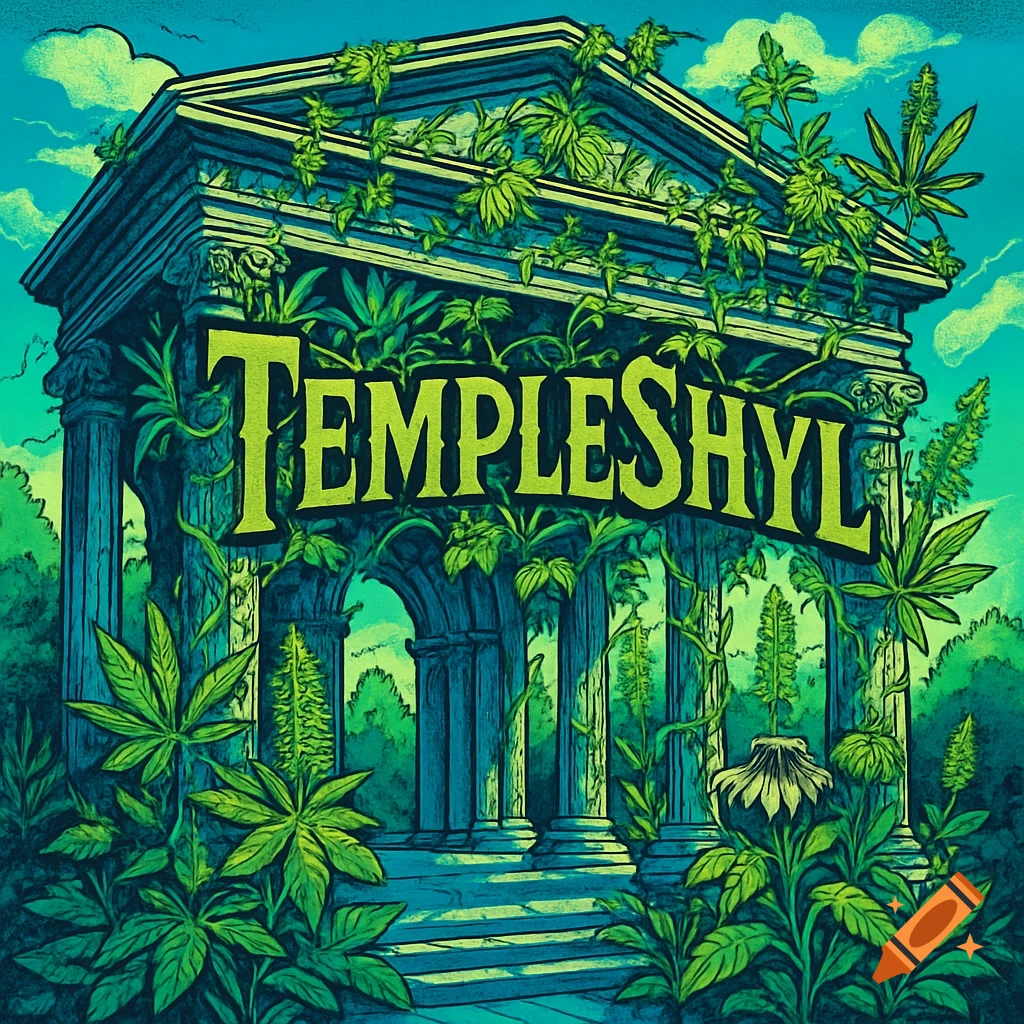 A vibrant comic art illustration of an ancient Greco-Roman temple overgrown with green cannabis-like plants, featuring 'TEMPLESHYL' on its facade, under a blue sky.