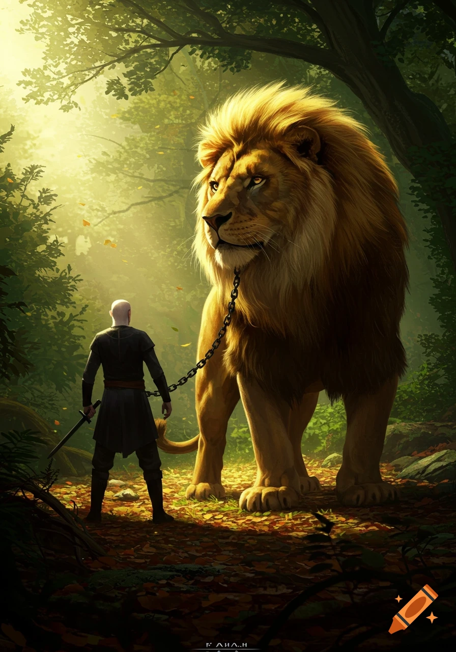 A bald man in dark clothing leads a colossal lion by a chain through a sunlit, vibrant forest, in a fantasy art style.