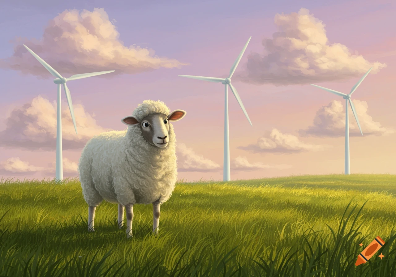 A cartoon sheep stands in a green meadow with three wind turbines under a purple and orange sky at sunset.