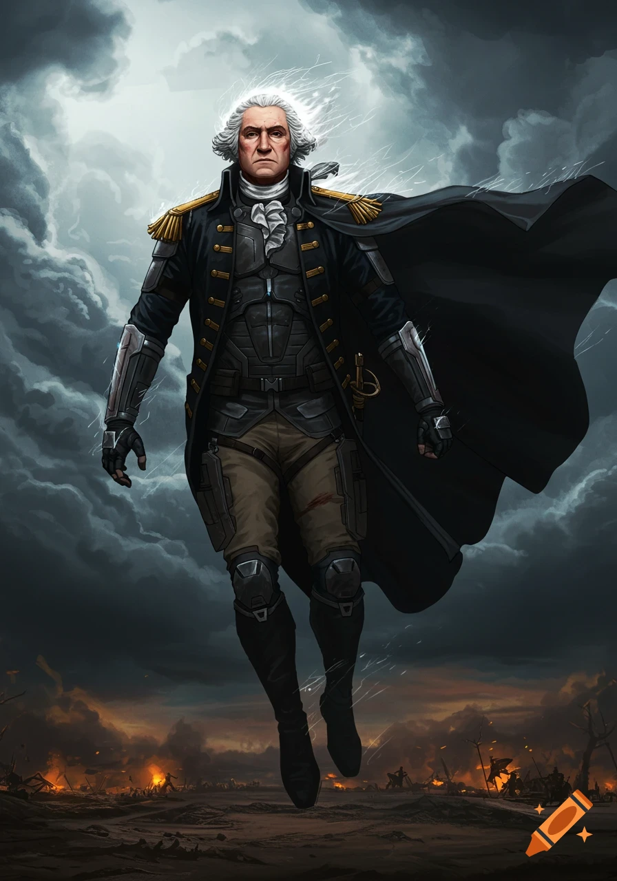 Animated George Washington in a dark tactical suit and cape, flying over a burning battlefield under stormy skies.