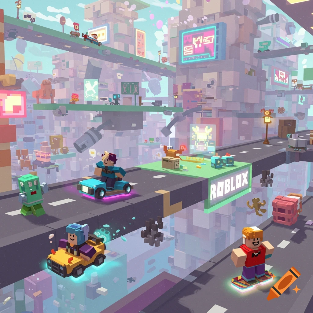 A vibrant, blocky cityscape with Roblox-style characters driving futuristic vehicles and skateboarding on elevated roads.