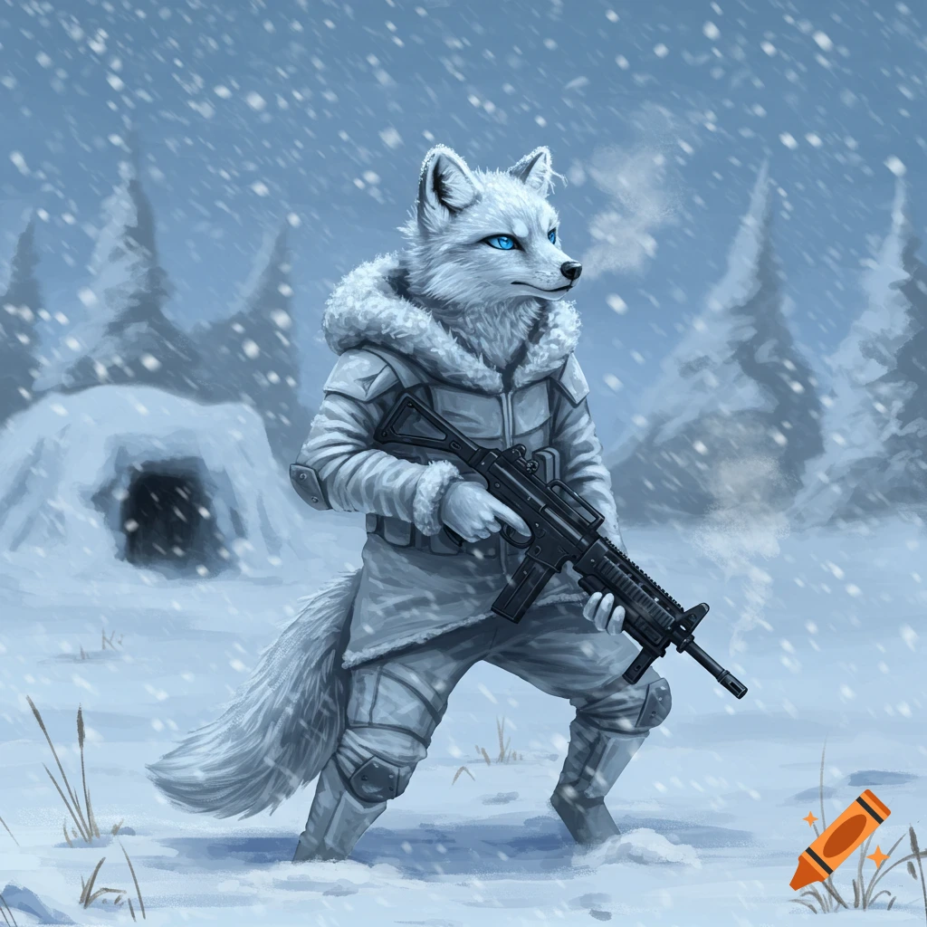 An anthropomorphic arctic fox in winter gear wields a submachine gun in a snowy landscape near a den, digital art.