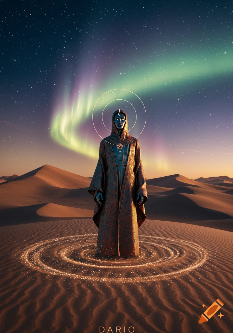 A robed, blue-skinned figure stands in a desert under a starry sky with the aurora borealis, surrounded by glowing rings in the sand. Photorealistic.