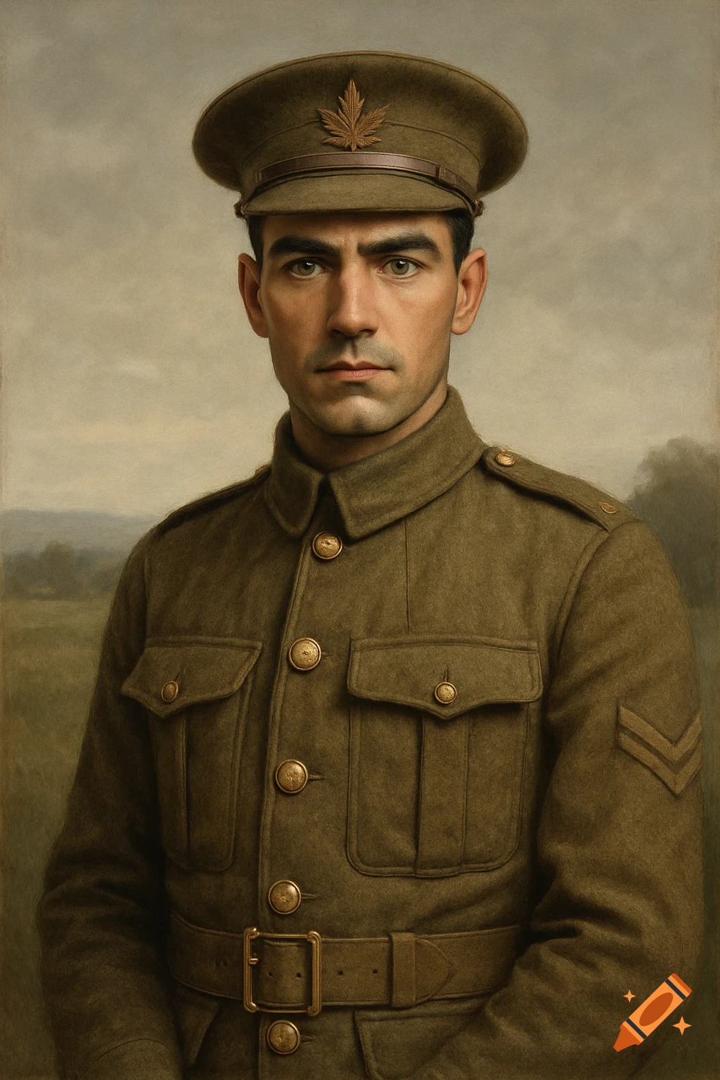 Classic portrait of a serious man in a WWI Canadian military uniform with a maple leaf cap badge.