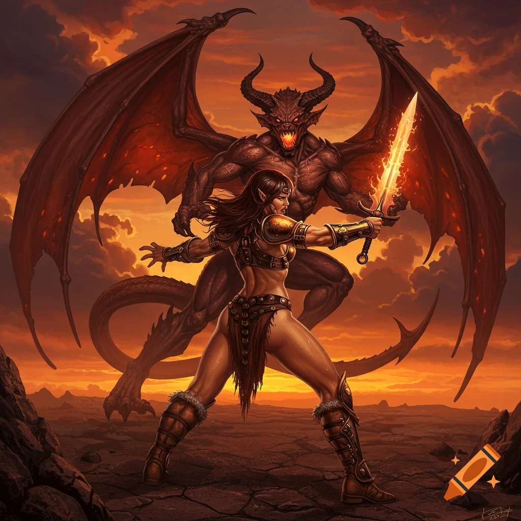 Female barbarian with a glowing sword fights a winged demon in an epic fantasy digital painting with a fiery sky.