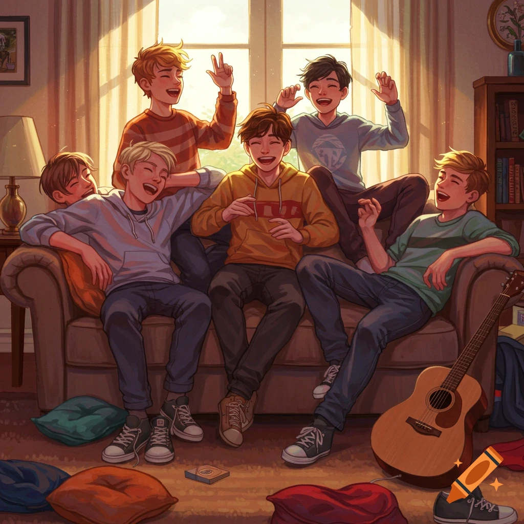 Six happy young boys laughing and gathering on a sofa in a sunlit room, with an acoustic guitar nearby.