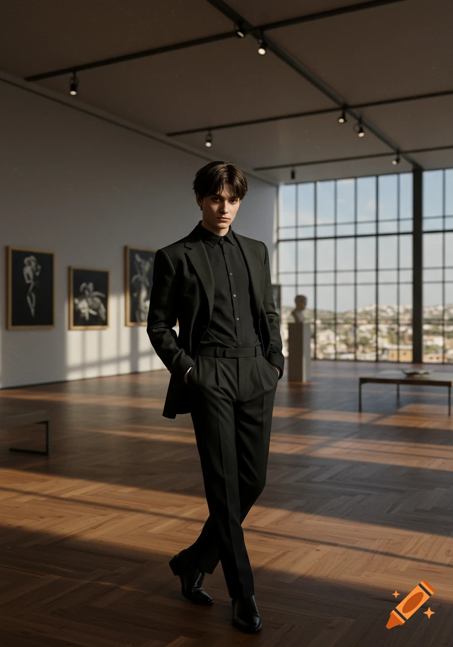 Photorealistic portrait of a young man in a black suit standing in a sunlit modern art gallery.